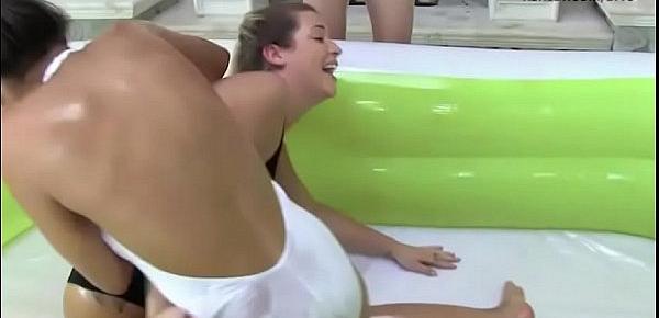  Teen besties wrestle in inflatable pool